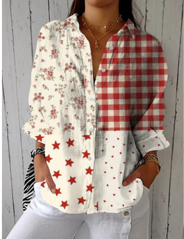 Flowers Print Long Sleeve Shirt Fashion Stand Collar