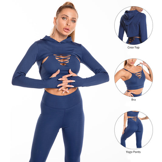 3pcs Sports Suits Long Sleeve Hooded Top Hollow Design