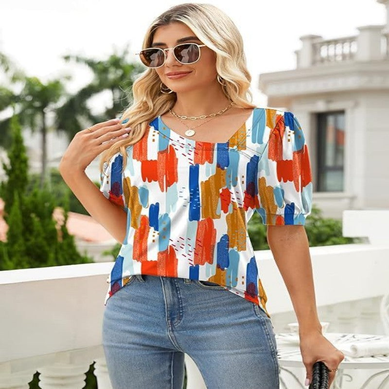 Women's Short Sleeve Irregular Puff Sleeve Loose Floral T-shirt