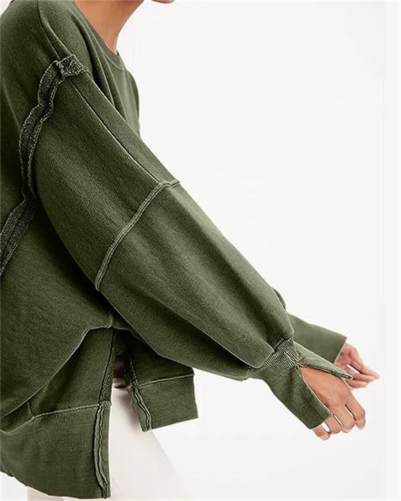 Pullover Sweatshirt Loose Round Neck Side Slit Long Sleeve