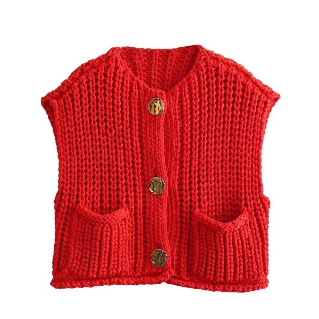 Women's Pocket Sleeveless Short Knitted Cardigan Vest Shirt