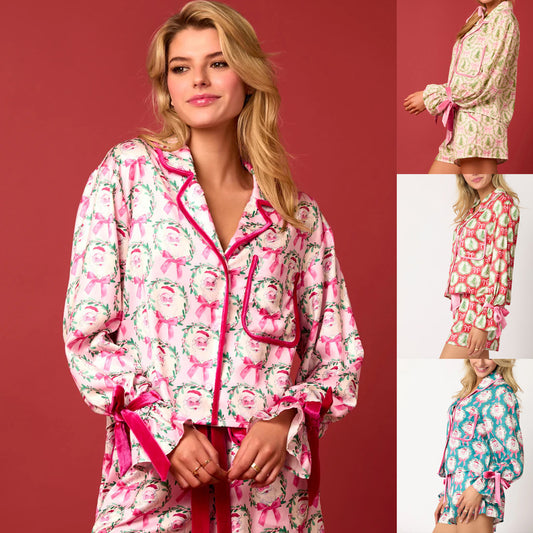 2 Pcs Women's Christmas Pajama Set Santa Tree Print