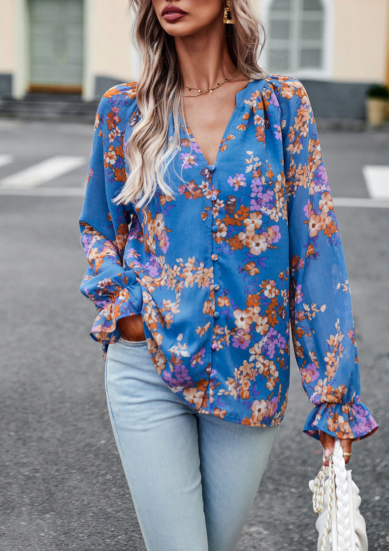 Women's Tops Casual Floral Print V Neck Long Sleeve Shirts