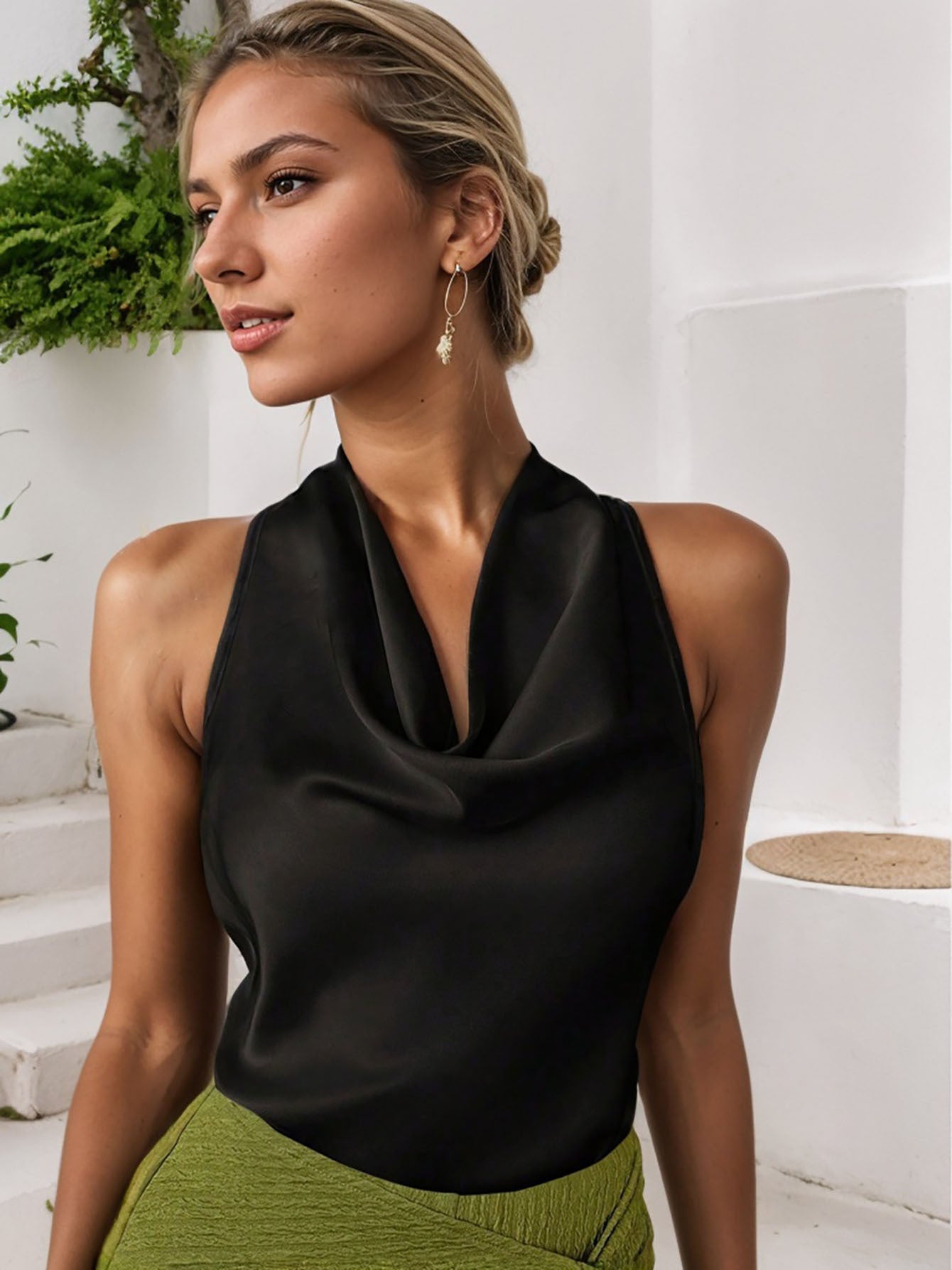 Women Solid Color Swing Collar Sleeveless Vest Trendy Elegant