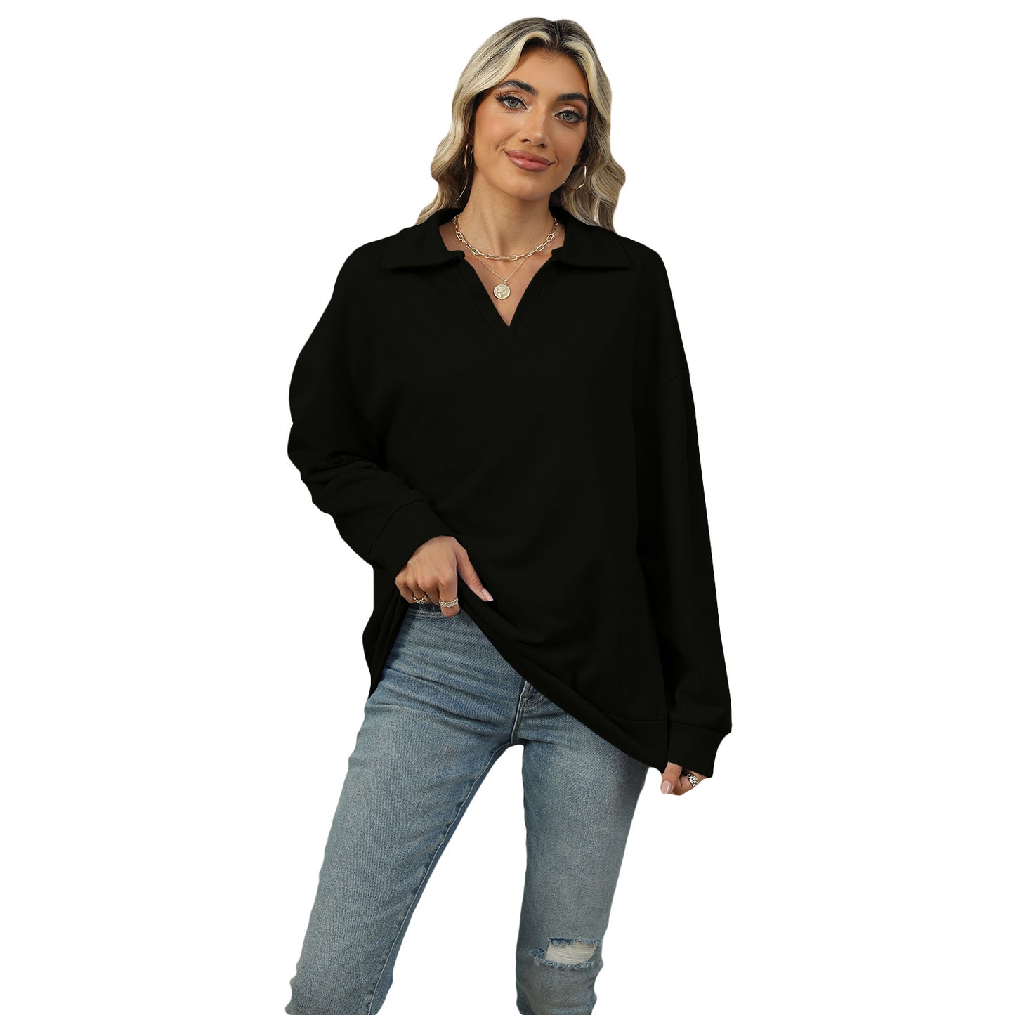 New Lapel V-neck Sweatshirt Fashion Casual Loose