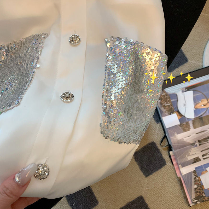 Spliced Sequin White Blouse Lady