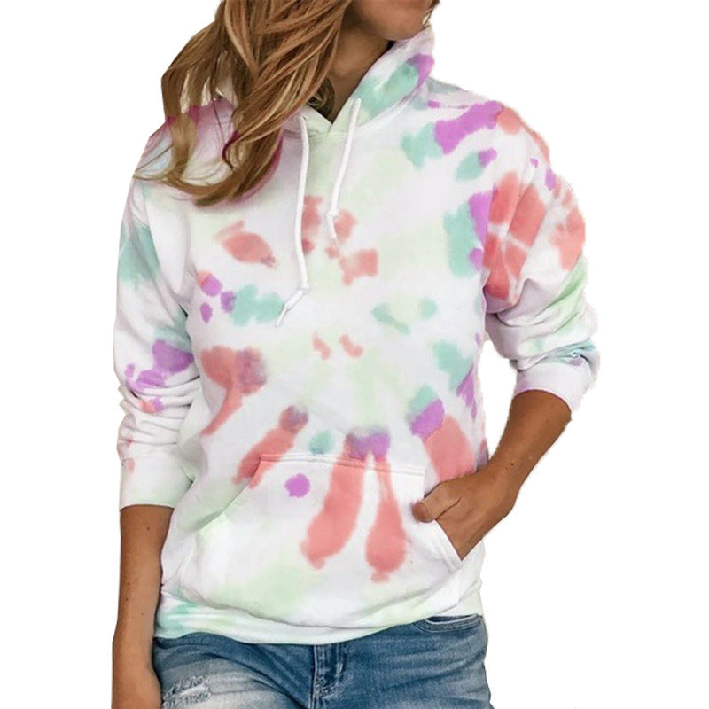 Long Sleeve Casual Tie Dye Print Colorful Hooded Long Sleeve Sweatshirt