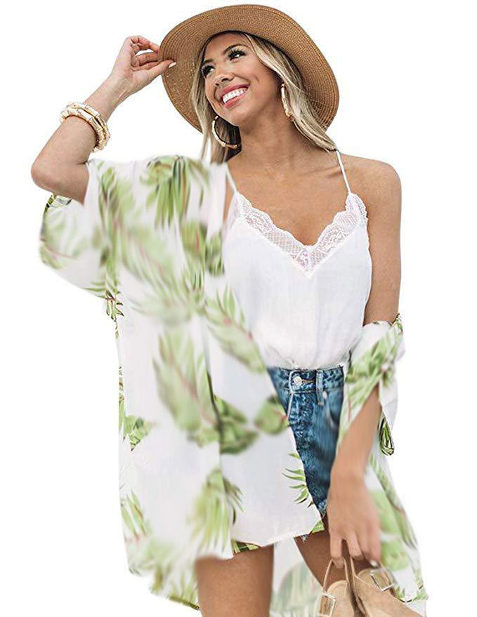 Beach blouse women's green leaf Chiffon