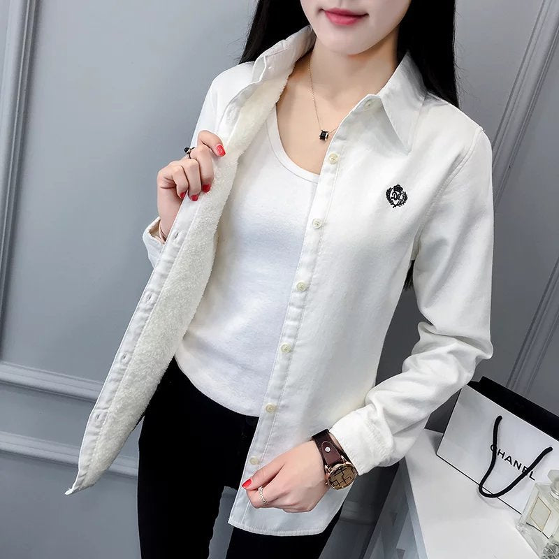 New student embroidery plus velvet shirt women long-sleeved