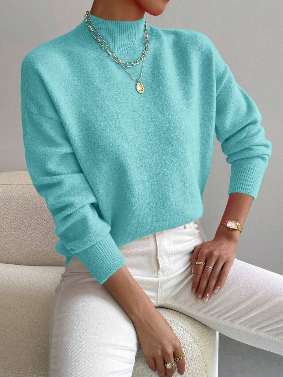 Women's Pullover Sweater Casual Solid Color Mid-high Neck