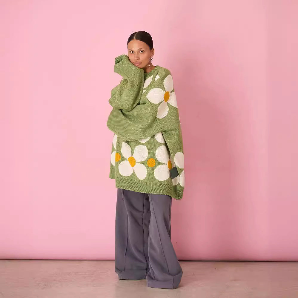 Flower Yarn-dyed Sweater Women's Round Neck Pullover