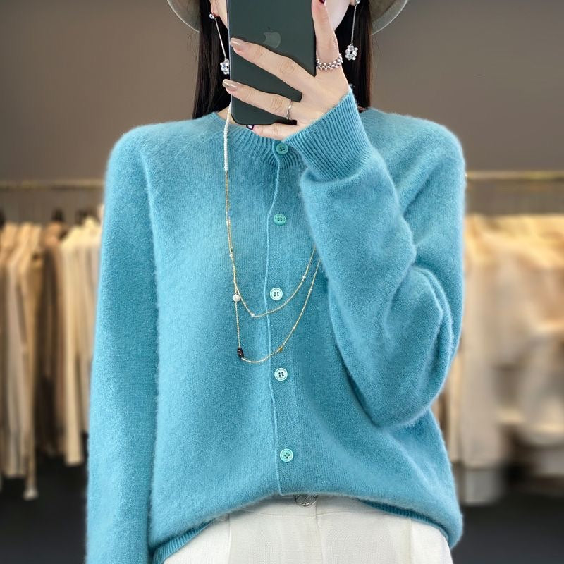 Fashion Merino Wool Cardigan Sweater Women O-Neck