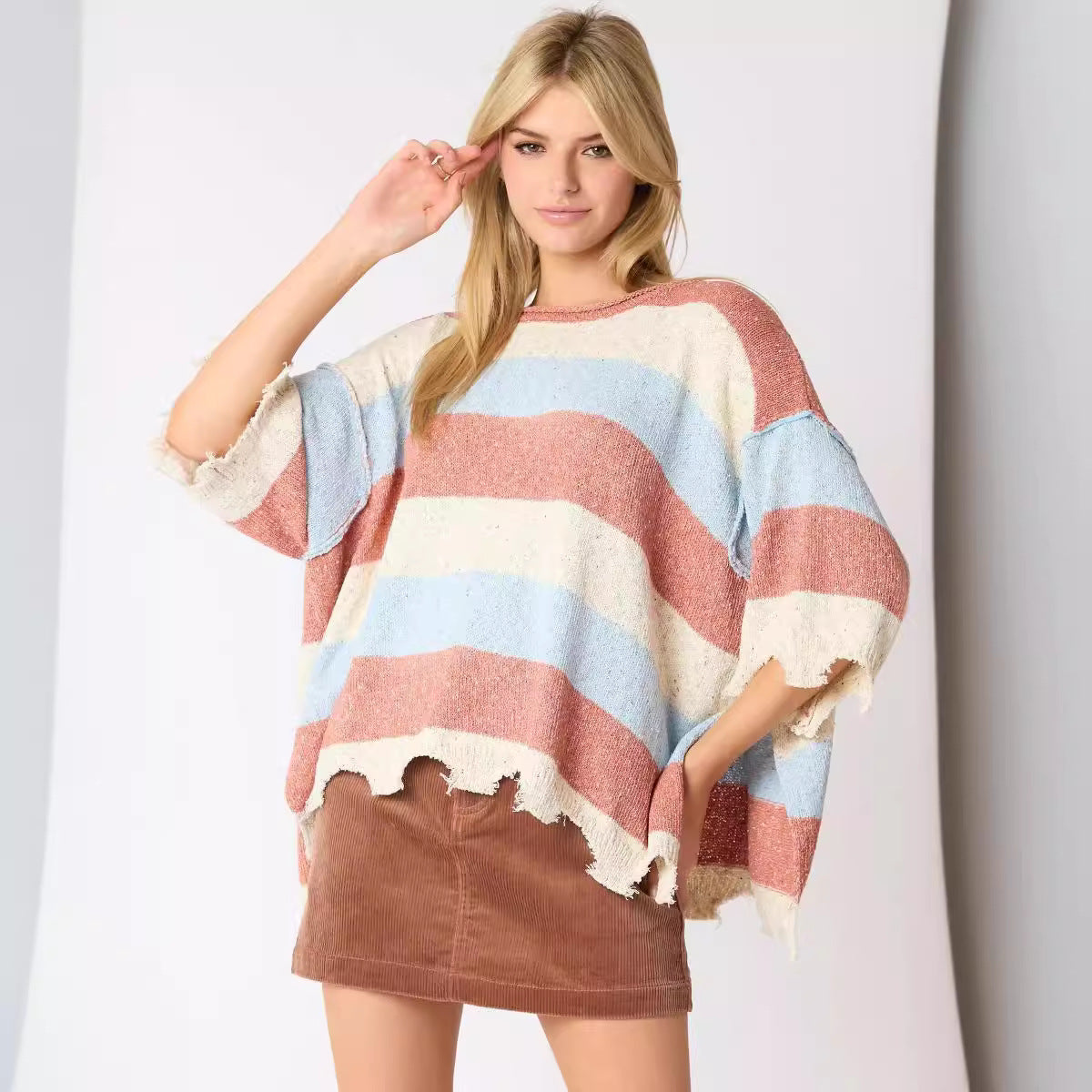 Women's Multi-color Stripe Contrast Color Short-sleeved