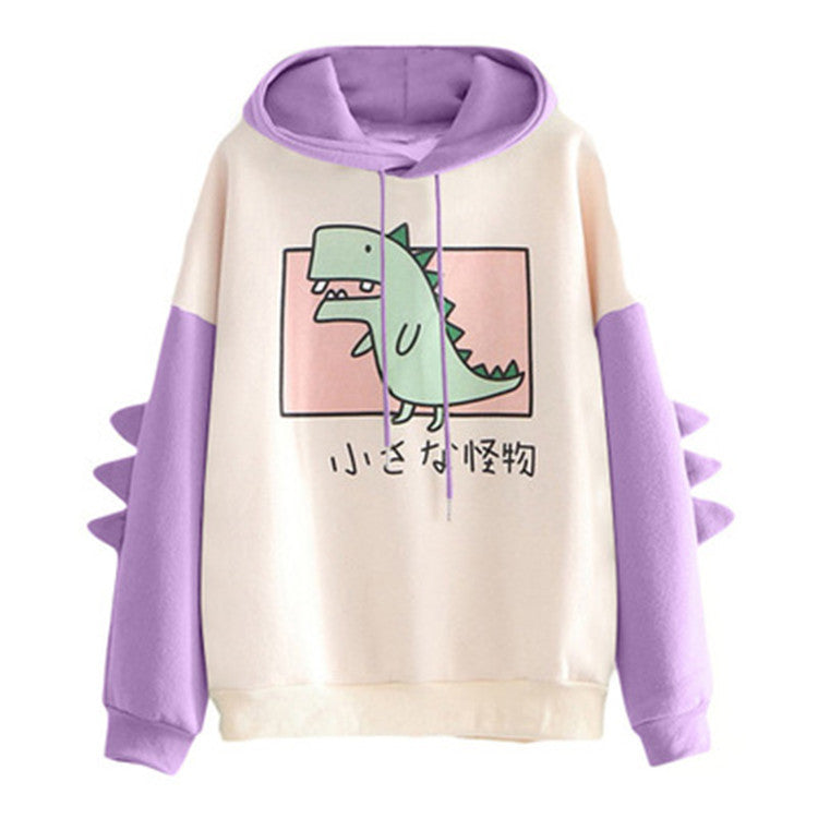 Dinosaur Print Hooded Drawstring Loose Plus Velvet Sweater Women