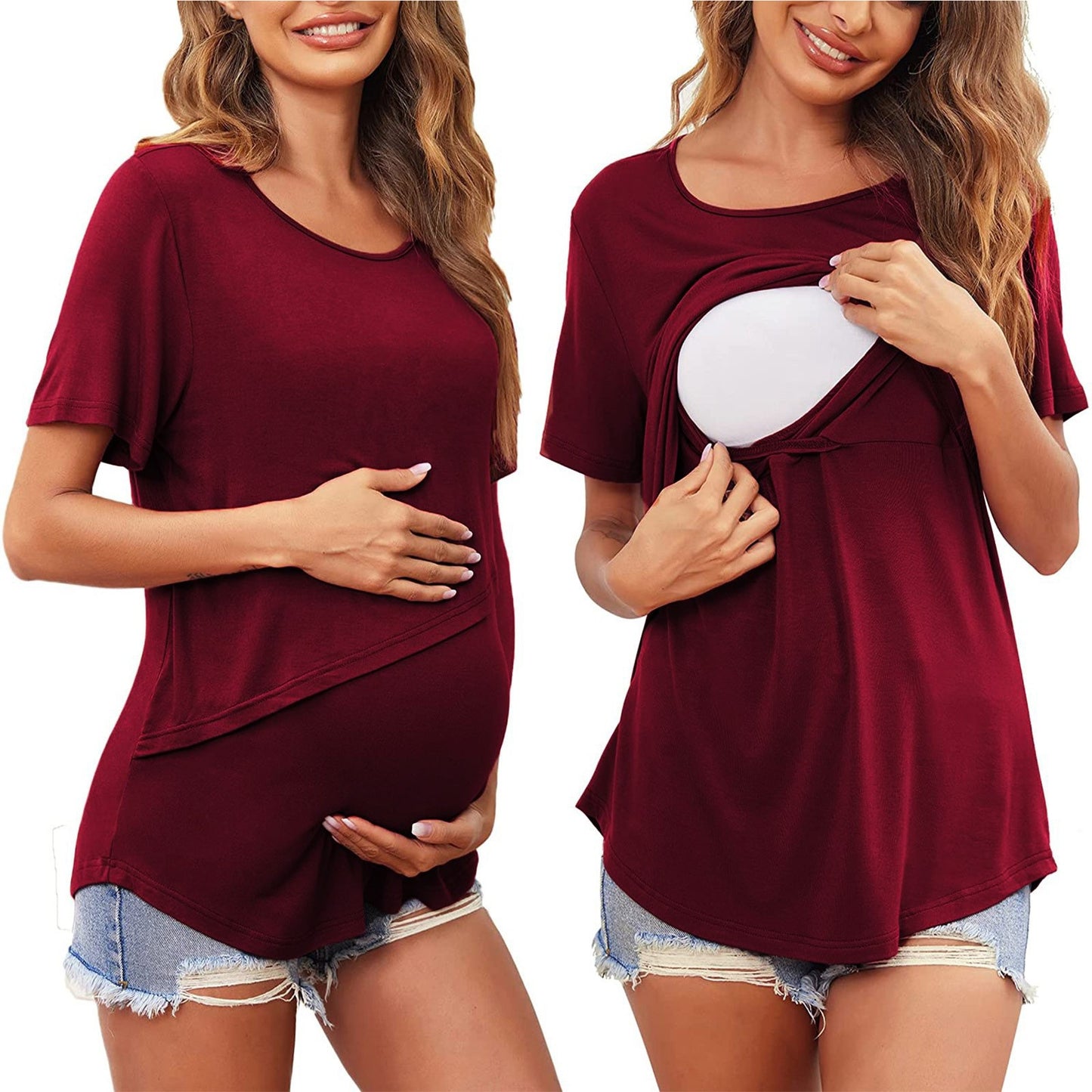 Pregnant Women Solid Color Round Neck Short Sleeves