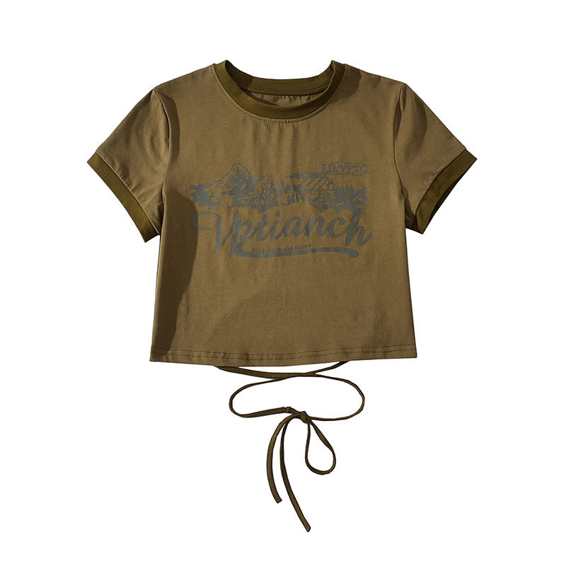 Women Print Front Contrast Trims Crop T-shirt With Lace Up Back Detail