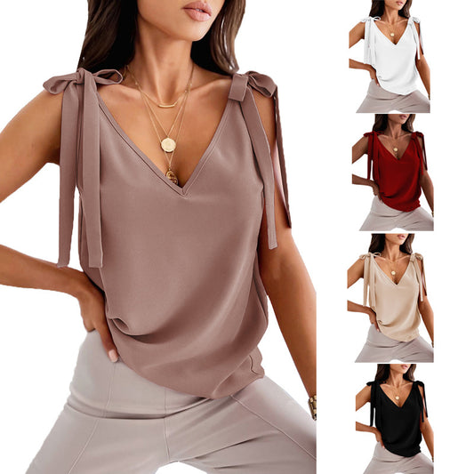 Bowknot Tie Up Camisole V-neck Shirts Women Summer Tops
