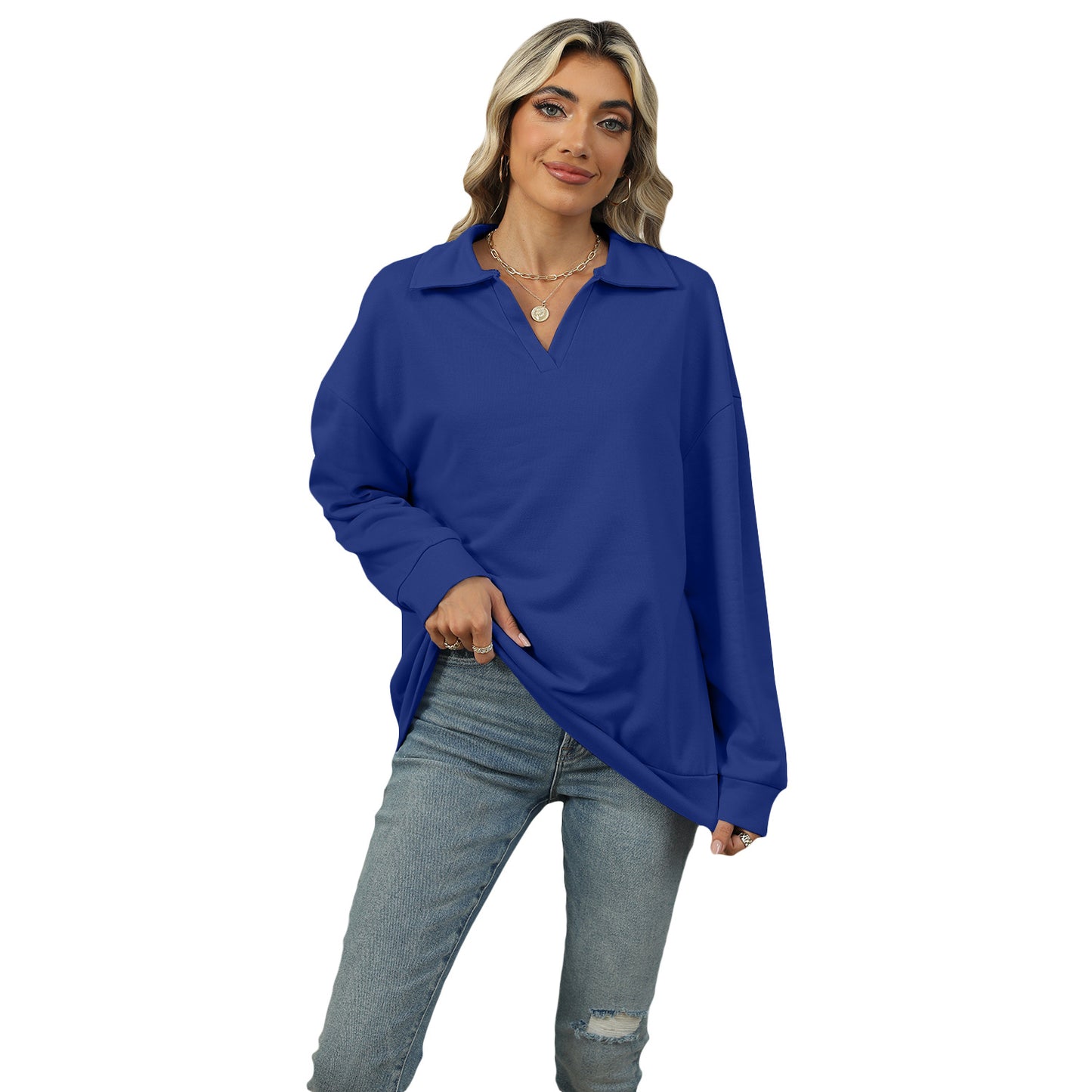 New Lapel V-neck Sweatshirt Fashion Casual Loose