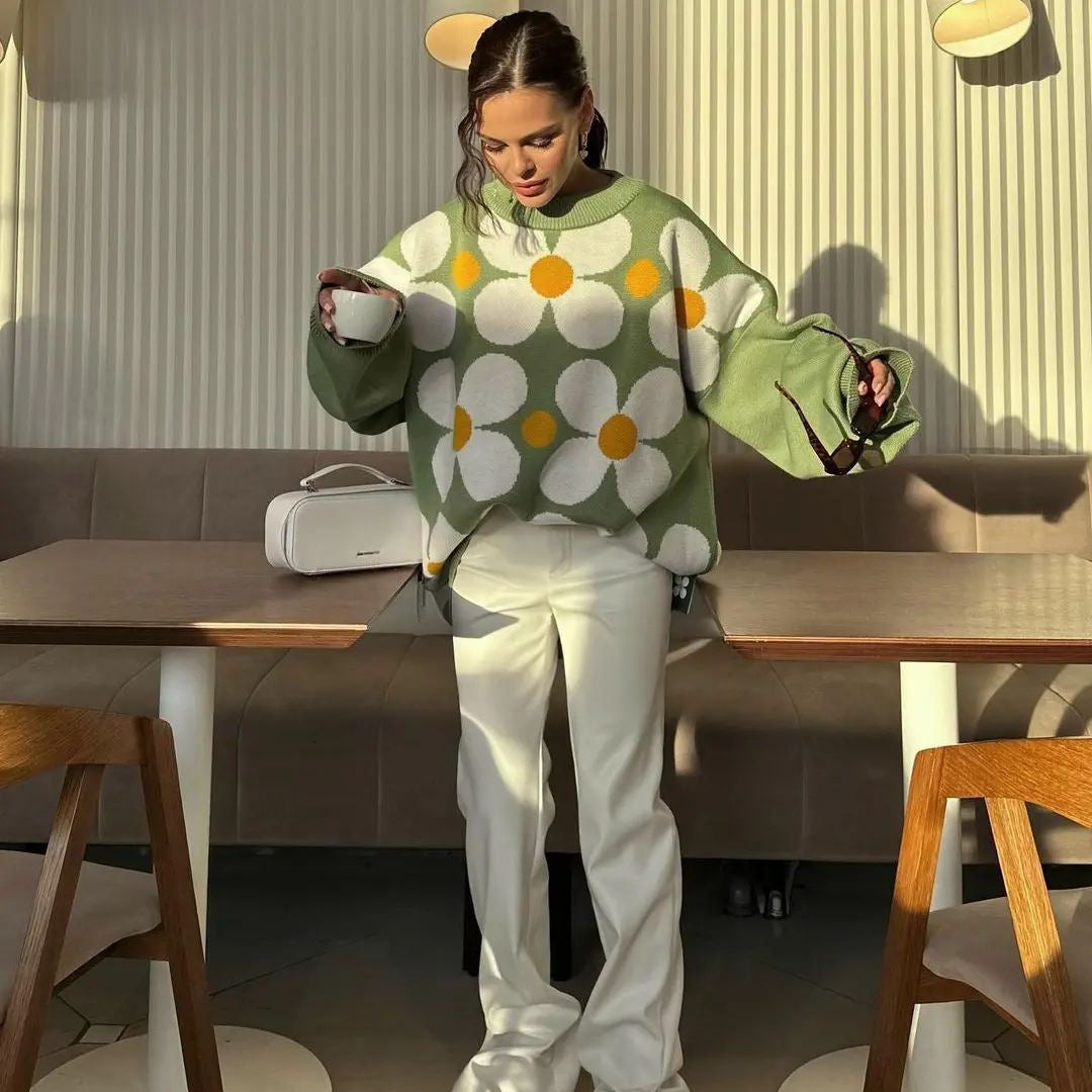 Flower Yarn-dyed Sweater Women's Round Neck Pullover