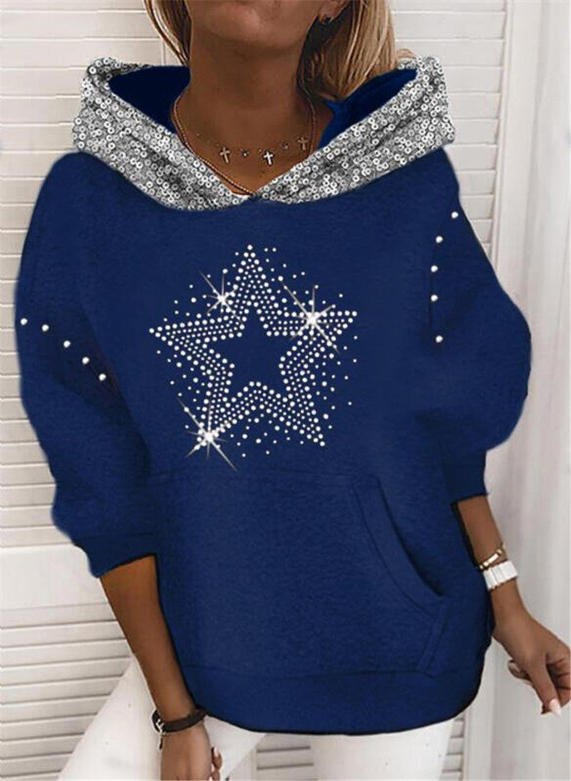 Rhinestone Loose Long Sleeve Sequined Hoodie