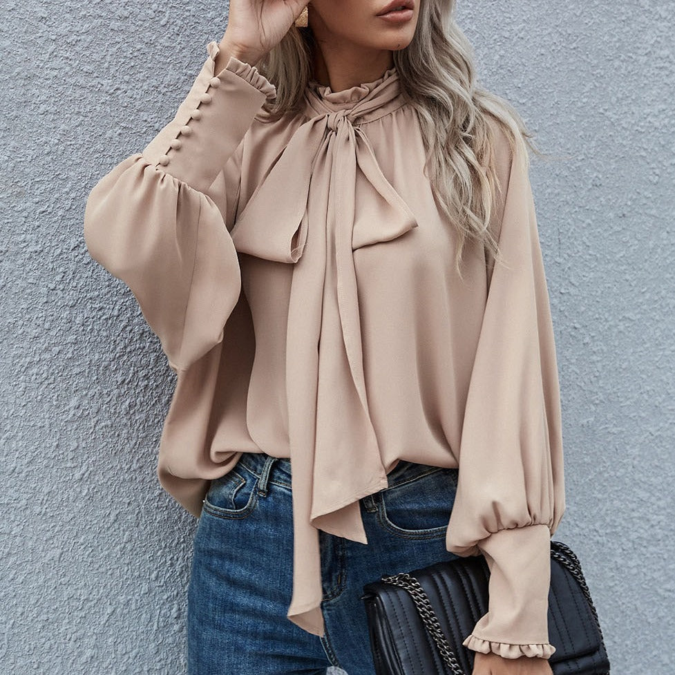 Ins Long-sleeved Blouse Bowknot Puff Sleeves Fashion Commuter