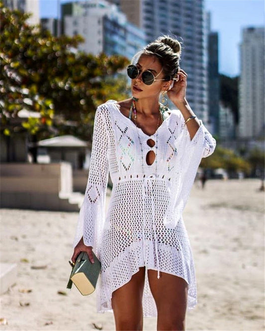 Hollow Knit Flare Sleeve Beach Blouse Vacation Bikini Blouse