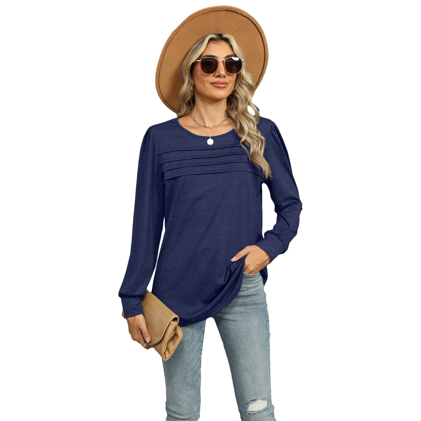 Solid Color U-neck Pleated Long-sleeved Top
