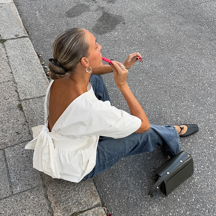 Summer Backless Short Sleeve T-shirt With Back-tied Design