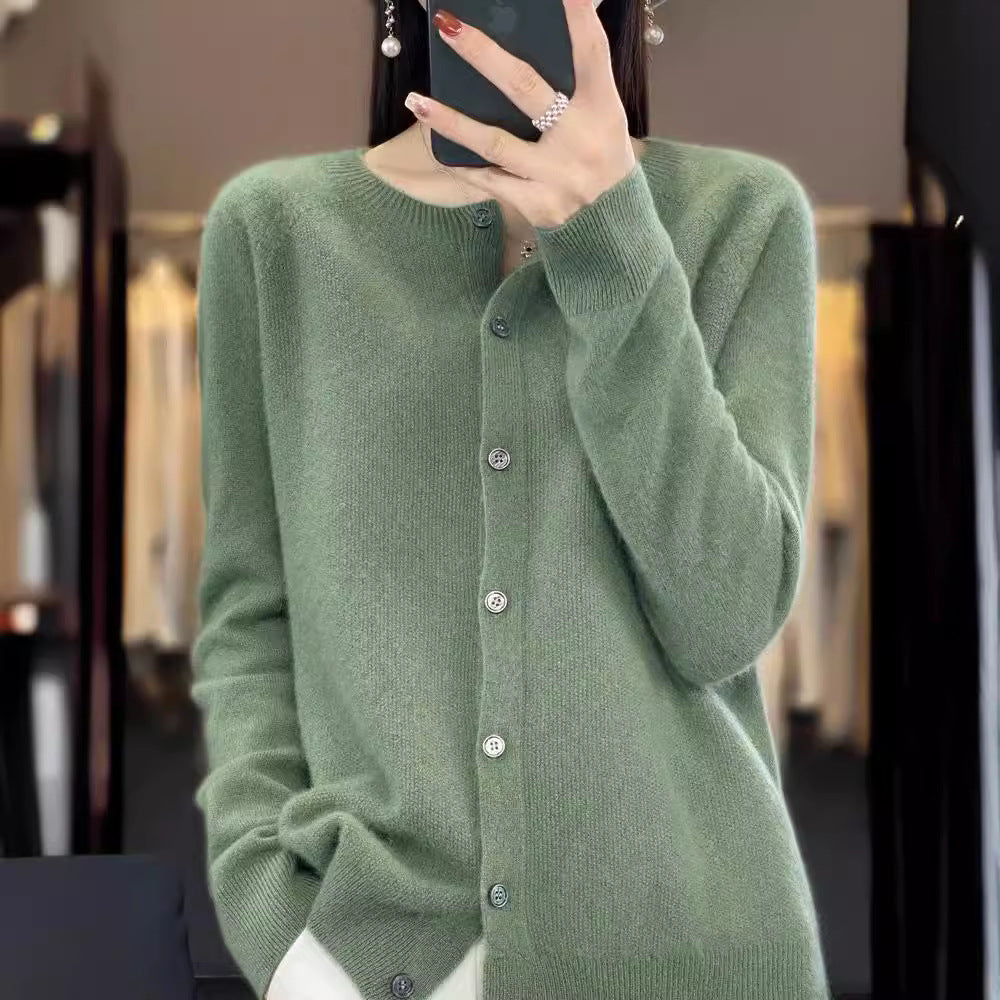 Fashion Merino Wool Cardigan Sweater Women O-Neck