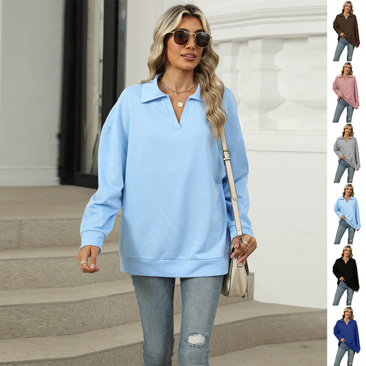 New Lapel V-neck Sweatshirt Fashion Casual Loose