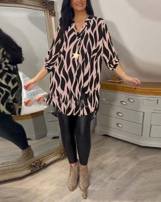 Pattern V-neck Plus Size Half Sleeve Top Shirt