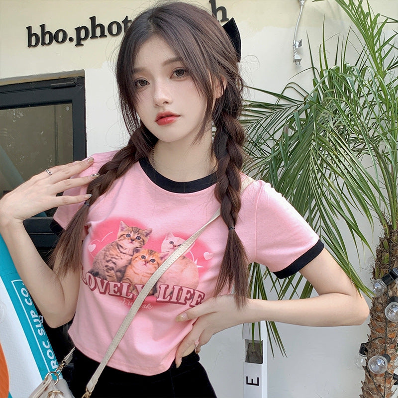 Lovely Cartoon Print Crop T-shirts Female Y2k Tops