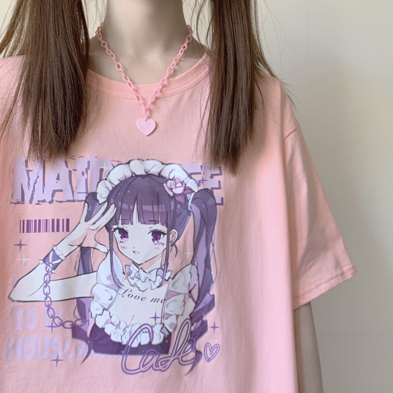 Anime Print White Short Sleeve T-Shirt Women