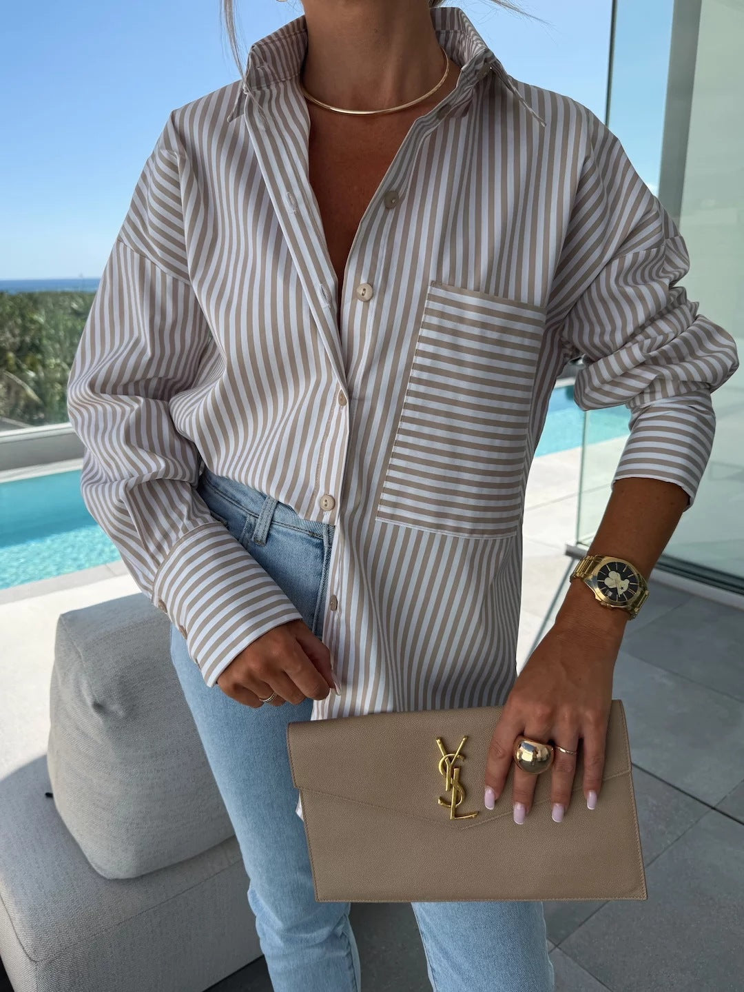 Spring Summer Long Sleeve Lapel Shirt Striped Print Lapel Shirt