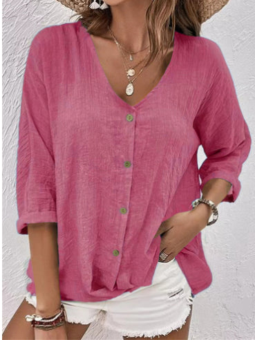 V-neck Long-sleeved T-shirt Fashion Solid Color