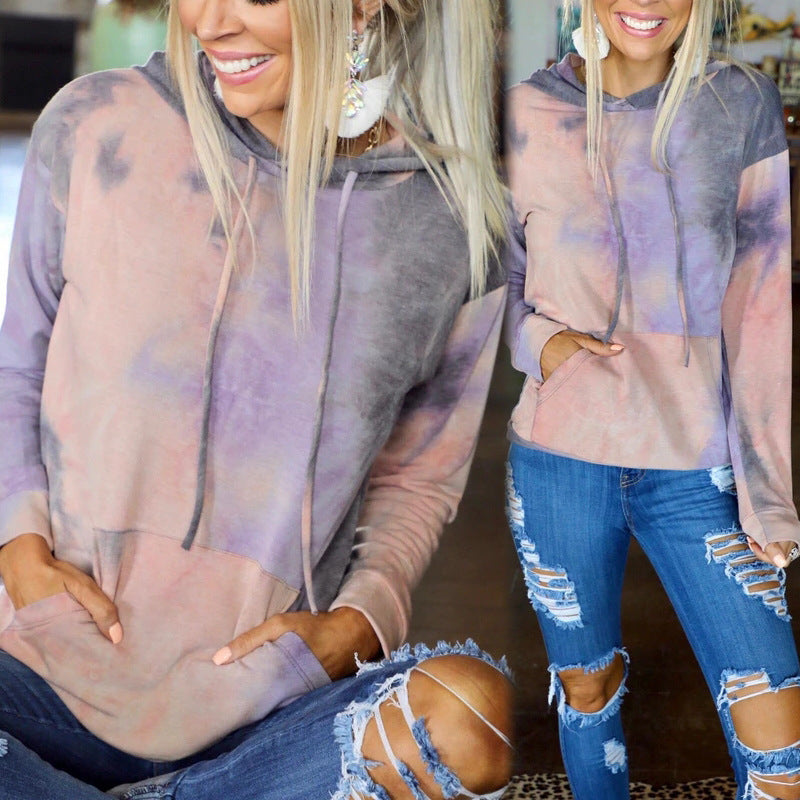 Tie-Dye Printed Long-Sleeved Hooded Lace-Up Sweatshirt