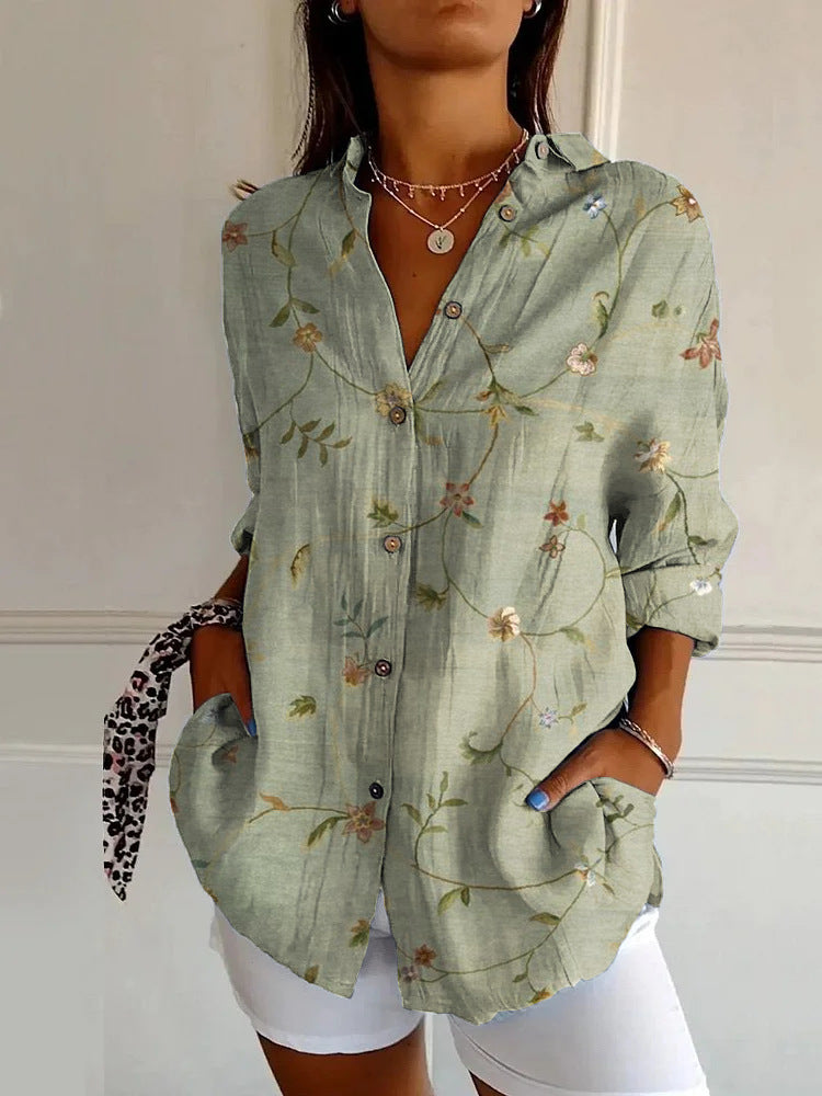 Flowers Print Long Sleeve Shirt Fashion Stand Collar