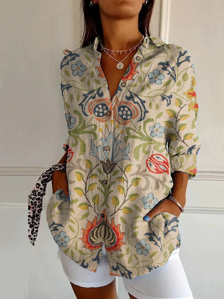 Flowers Print Long Sleeve Shirt Fashion Stand Collar