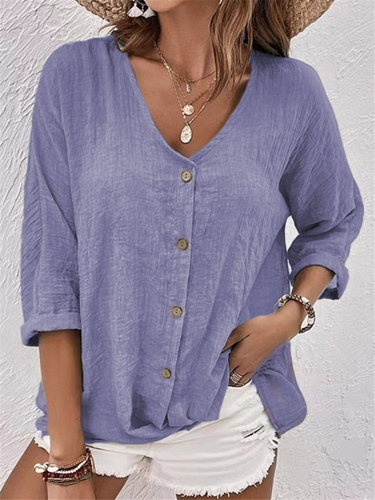 V-neck Long-sleeved T-shirt Fashion Solid Color