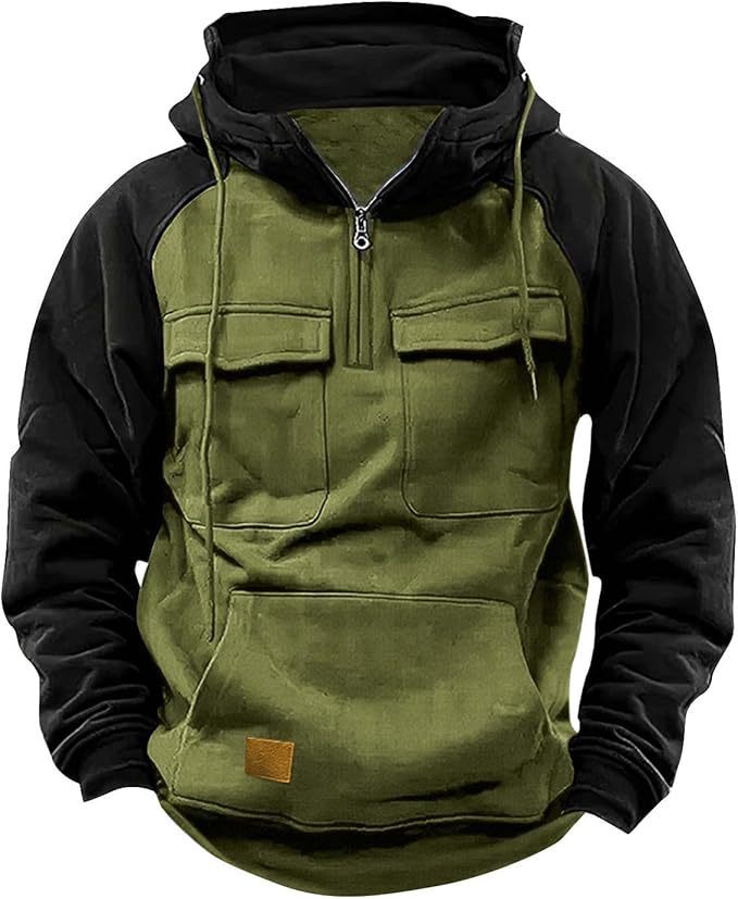 Fall Winter Retro Cargo Hoodies Men's Half Zipper Hooded