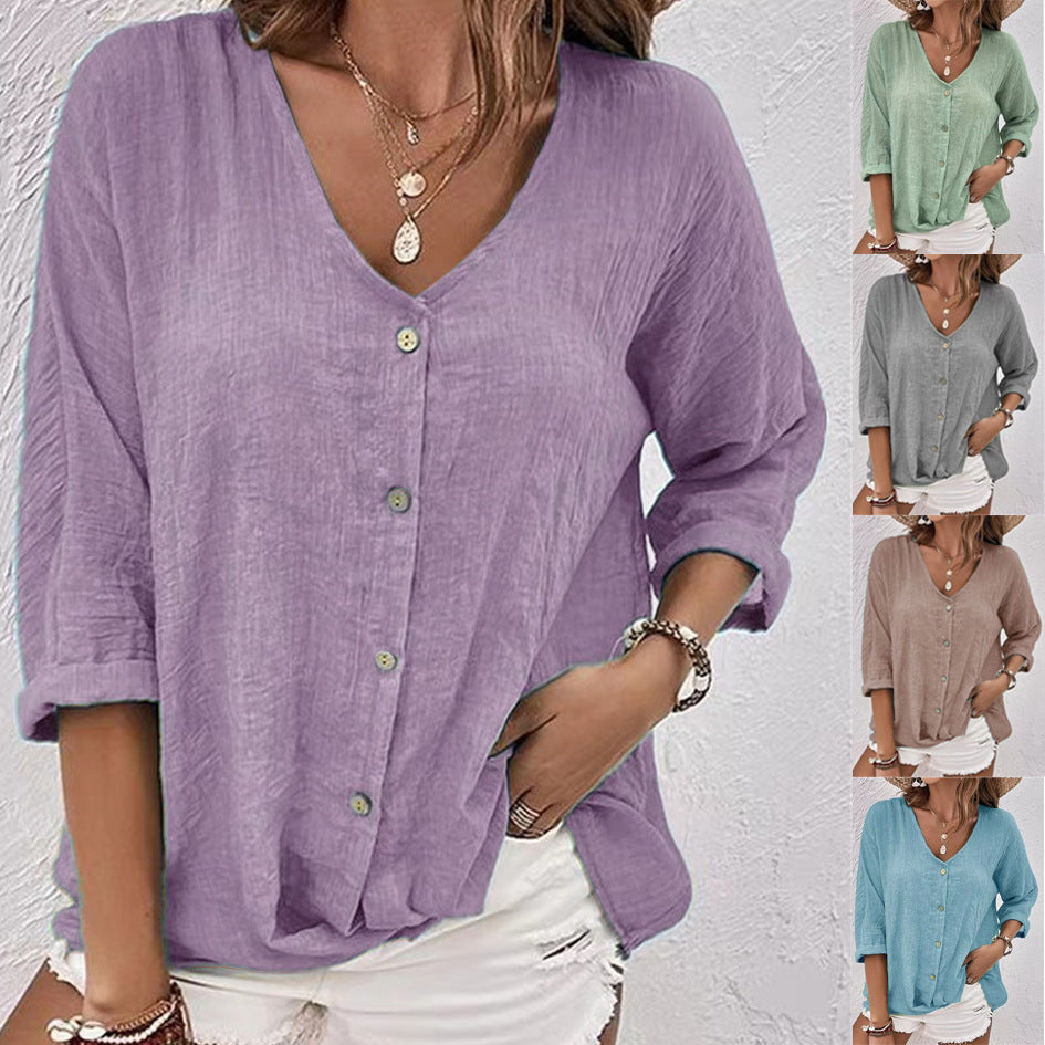 V-neck Long-sleeved T-shirt Fashion Solid Color