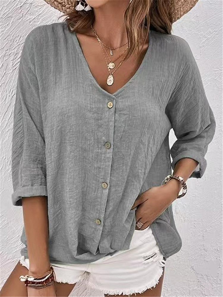 V-neck Long-sleeved T-shirt Fashion Solid Color