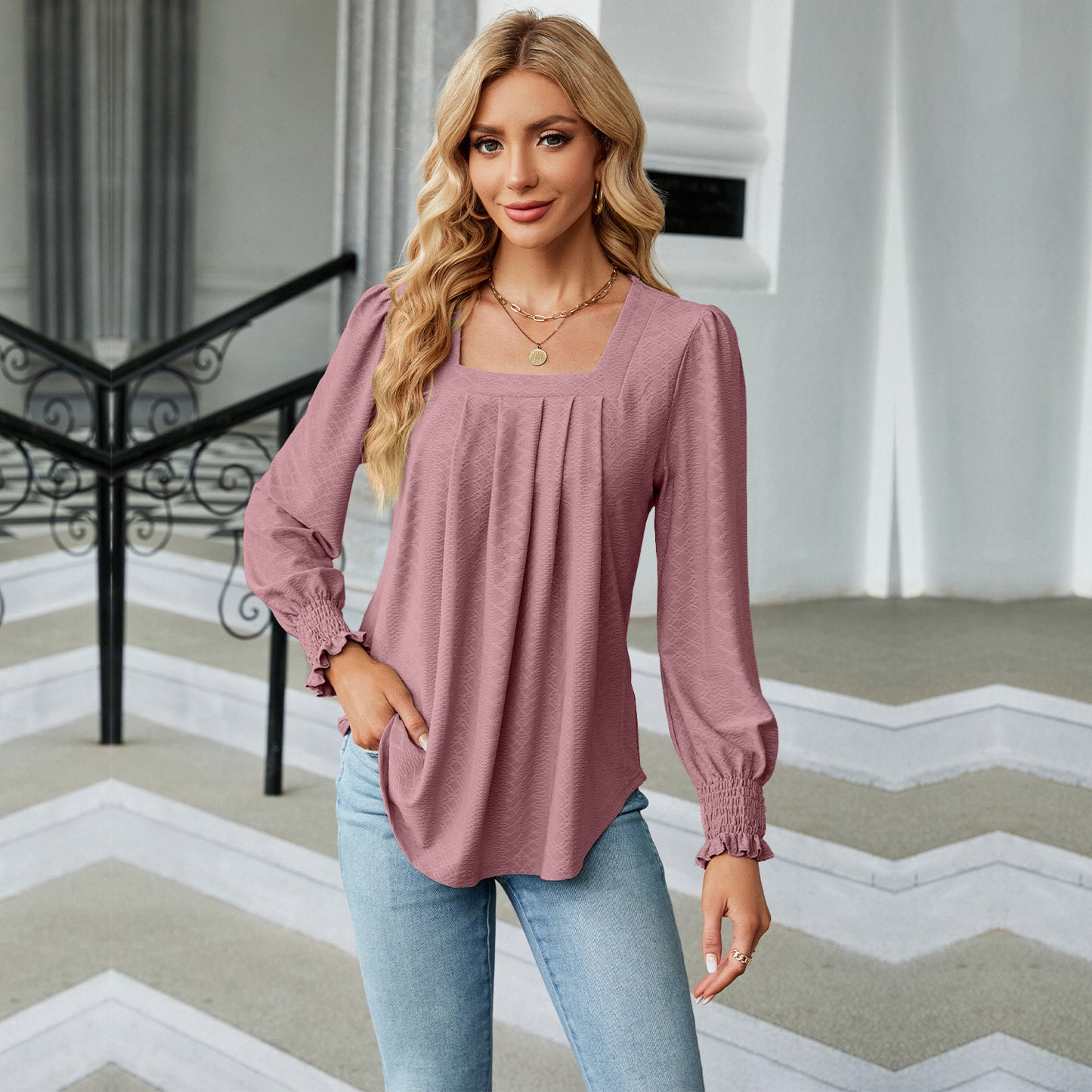 New Jacquard Pleated Square Neck T-shirt Fashion