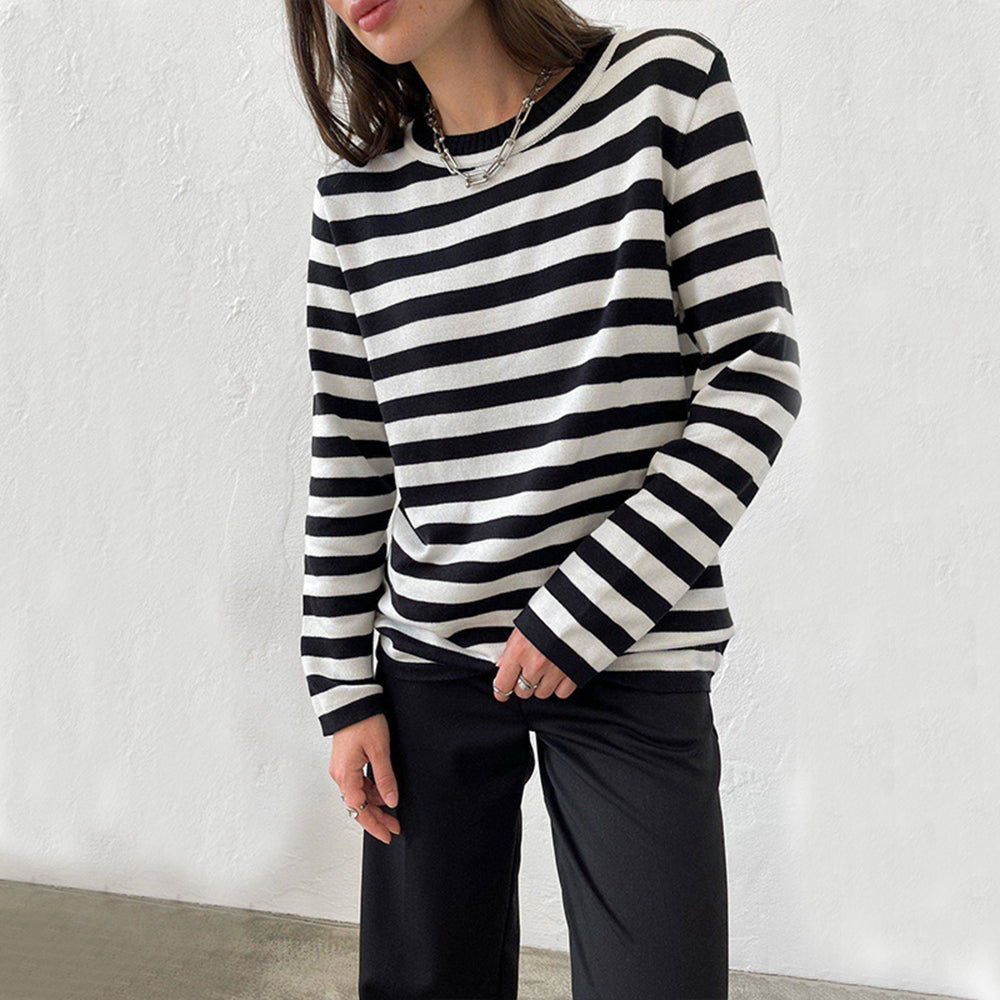New Knitted Striped Long Sleeved Sweater Versatile Pullover