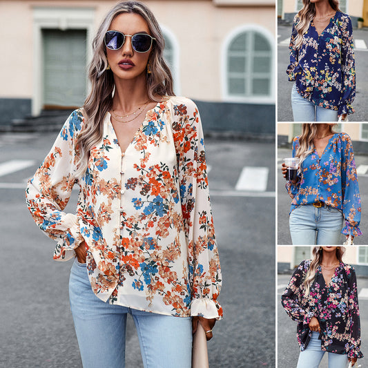 Women's Tops Casual Floral Print V Neck Long Sleeve Shirts