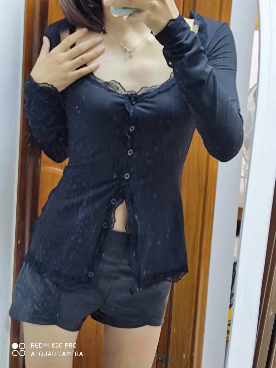 Lace Edge Bracket Collar Stretch Tight Cardigan Button Long Sleeve