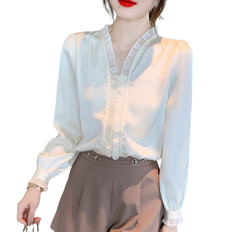 Sweet Wood Ear Chiffon White Shirt Women