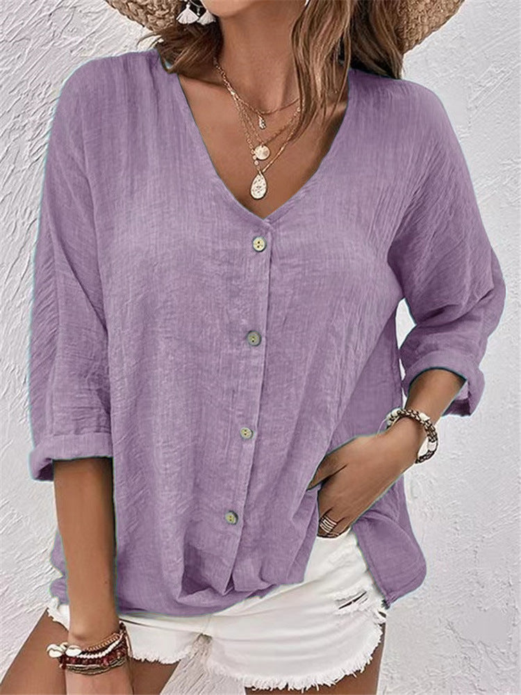 V-neck Long-sleeved T-shirt Fashion Solid Color