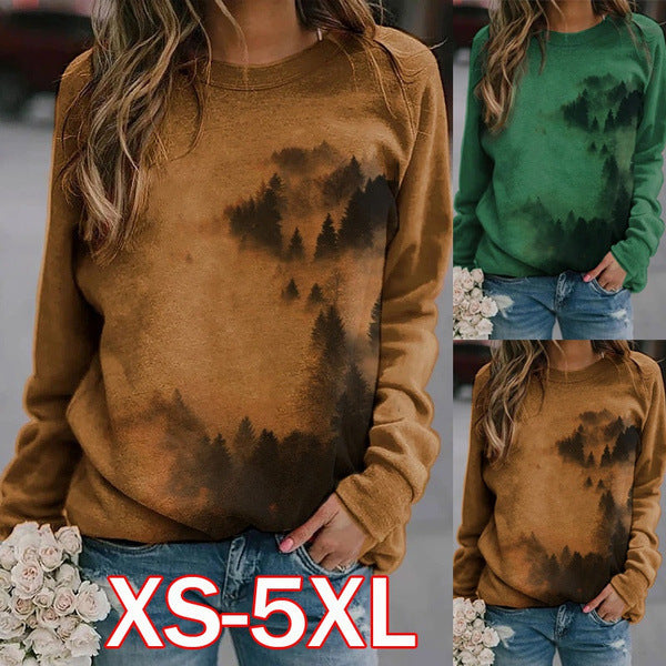 Mountains Pattern Print Sweatshirts Warm Autumn Aesthetic Clothing O Neck Long Sleeve Shirts Women Casual Loose Comfy Tunic Tops