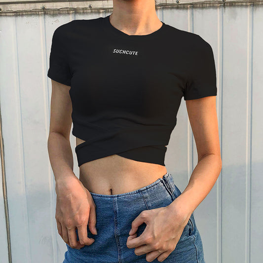 Cross straps exposed navel t-shirt women